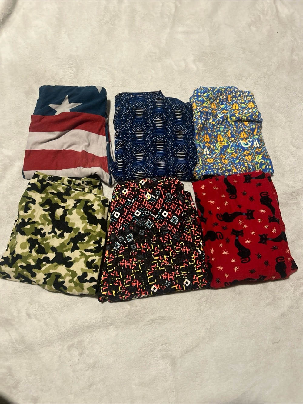 Lot Of 6 LuLaRoe TWEEN leggings New & Used- HTF Camo, Black cats, America, Geo